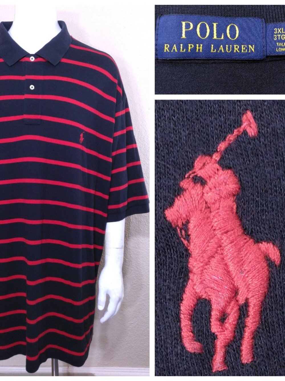 POLO RALPH LAUREN 3XLT Black RED Stripes PONY XXXL 3XL BIG & TALL Mens RL GOLF